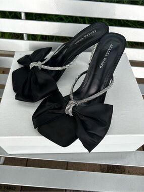 Azalea Wang Black Bow Crystal-Embellished Rhinestone Slide Heels